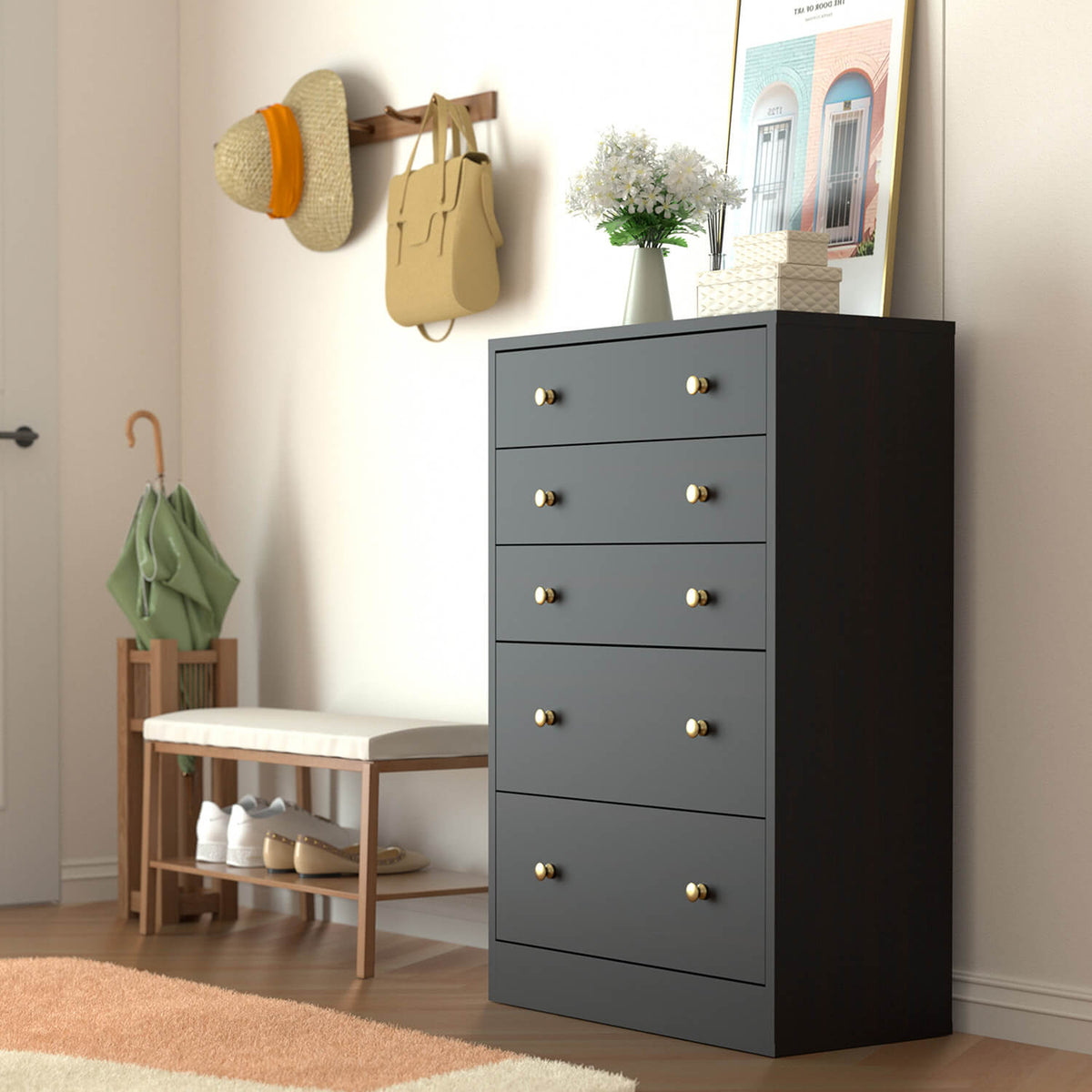 5 Drawer Chest Dresser, Coffee