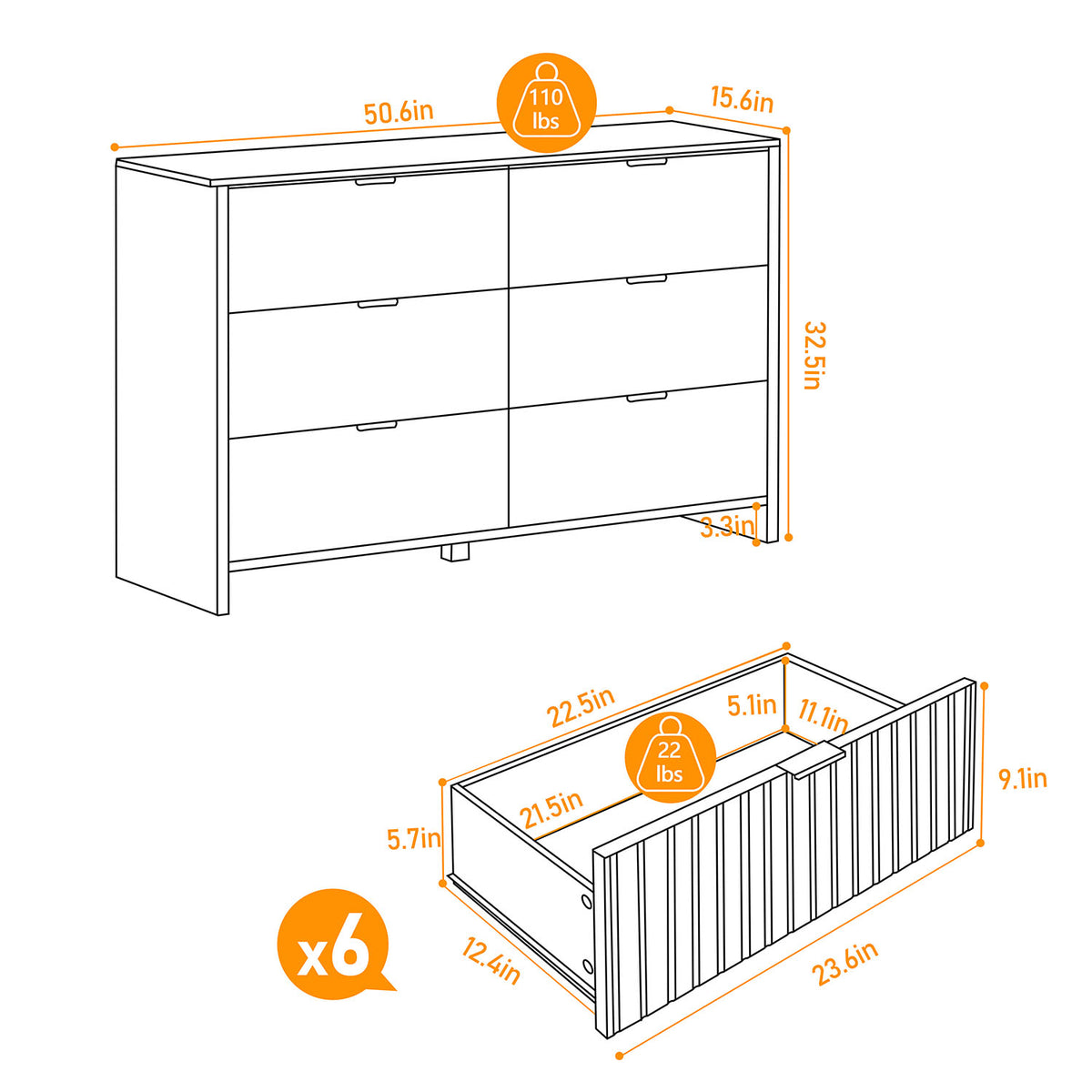 Veikous 6 Drawer Dresser for Bedroom, 50.6"W Chest of Drawers, Fluted Storage Organizer with Metal Handles and Faux Marble Countertop