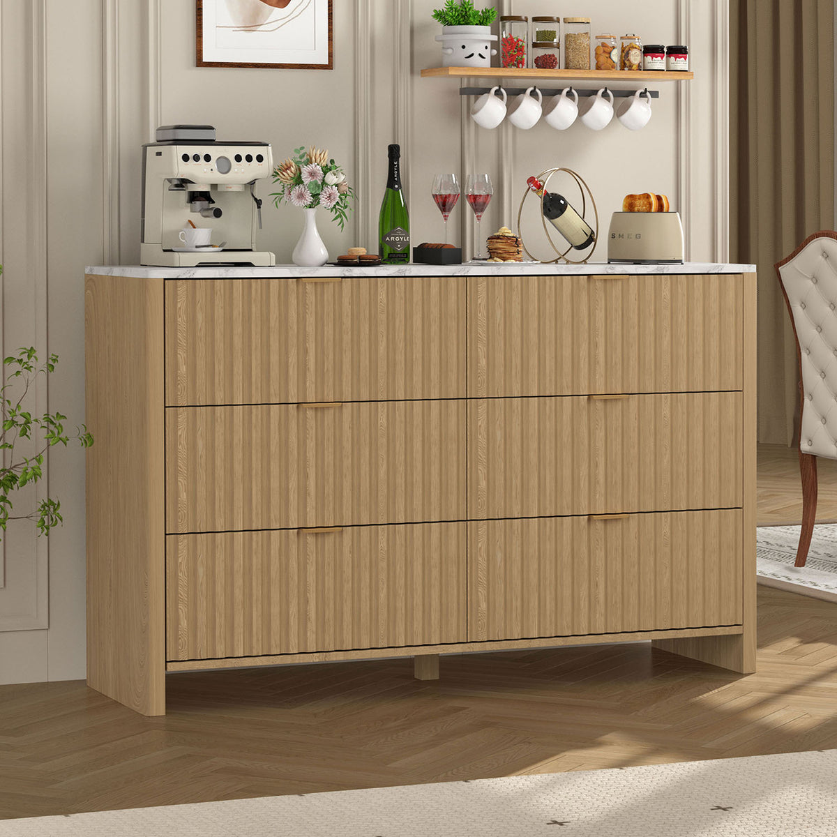 Veikous 6 Drawer Dresser for Bedroom, 50.6"W Chest of Drawers, Fluted Storage Organizer with Metal Handles and Faux Marble Countertop