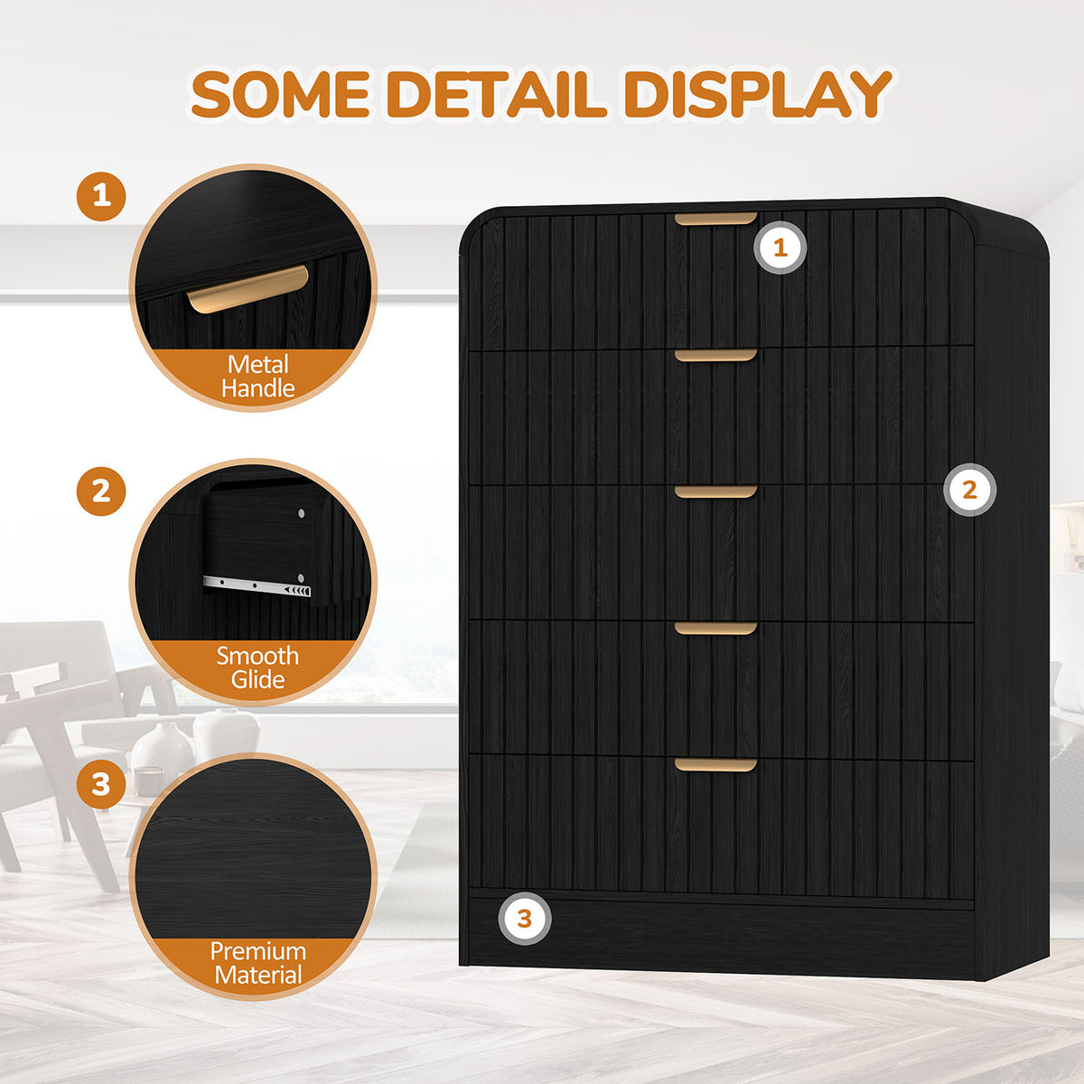 5 Drawer Chest Dresser with Oversized Drawers, metal handle