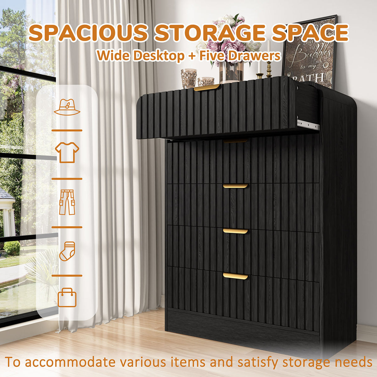 Black dresser with wide desktop
