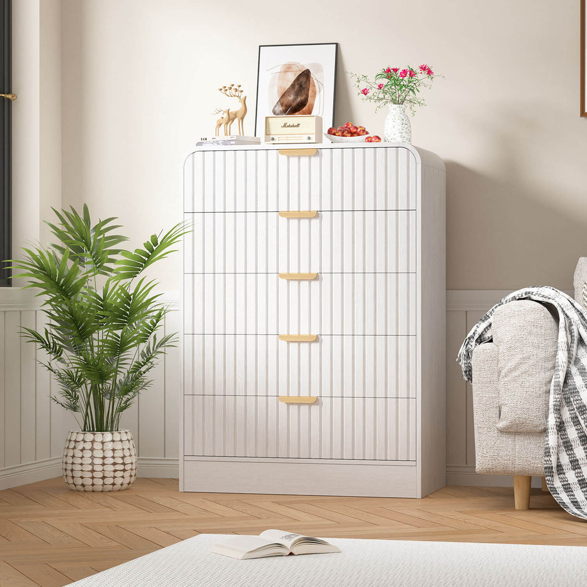 Veikous 5 Drawer Chest Dresser with Oversized Drawers, White Bedroom Chest Of Drawers for Hallway, Entryway