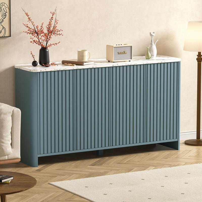 Veikous 60" Sideboard Faux Marble Top, Fluted 4-door Buffet Cabinet with Adjustable Shelves Storage