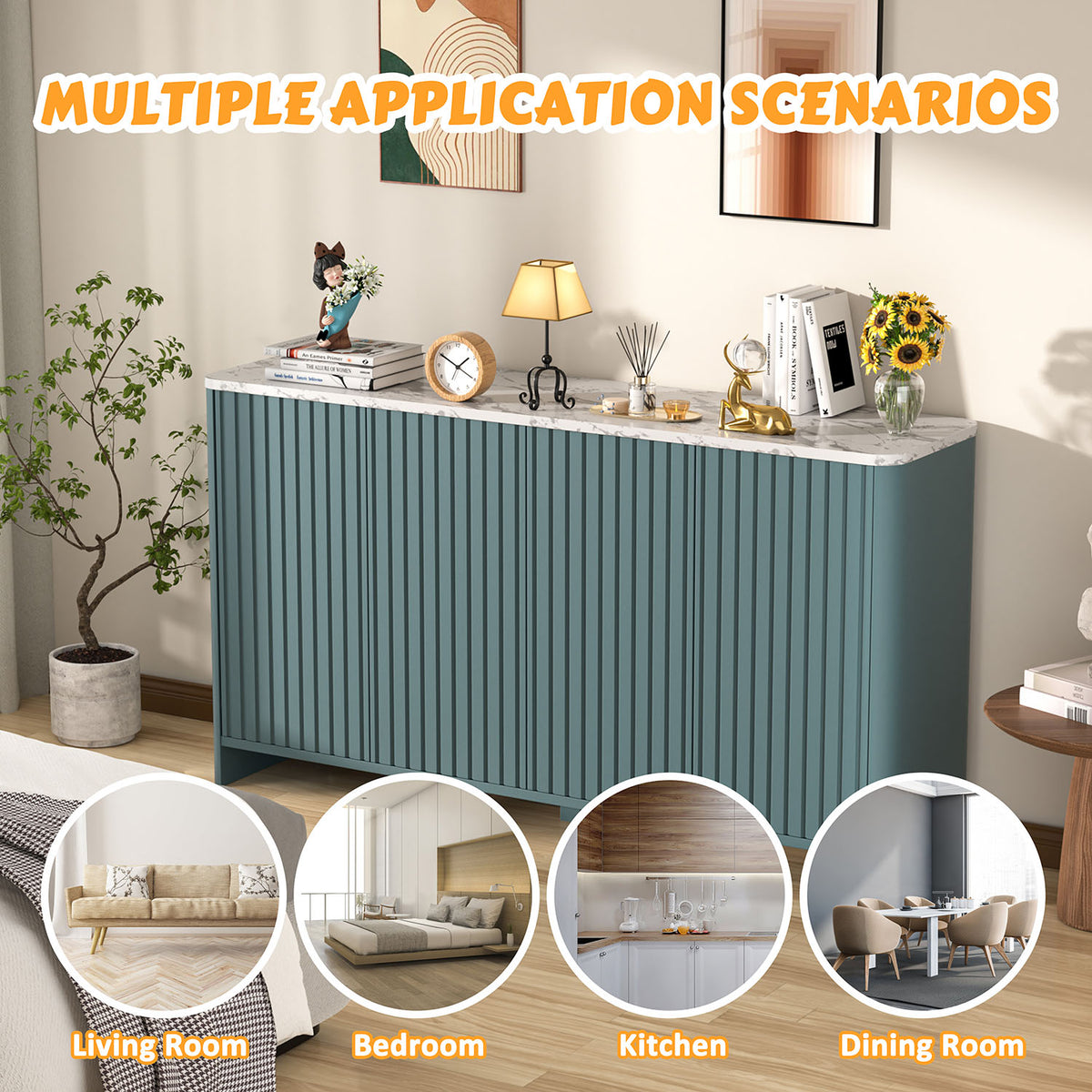 Veikous 60" Sideboard Faux Marble Top, Fluted 4-door Buffet Cabinet with Adjustable Shelves Storage