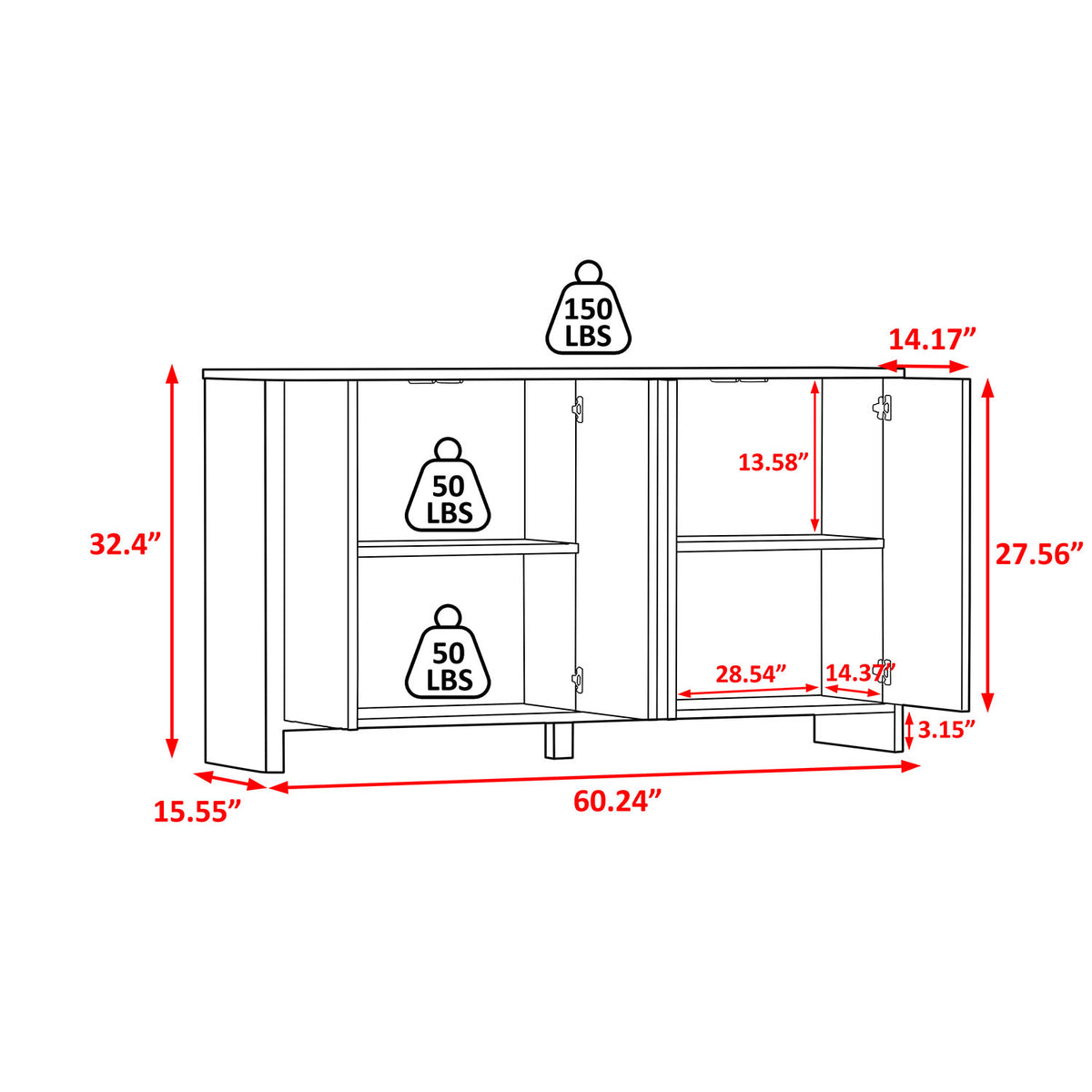 60.24" x 15.55" x 32.4" Sideboard