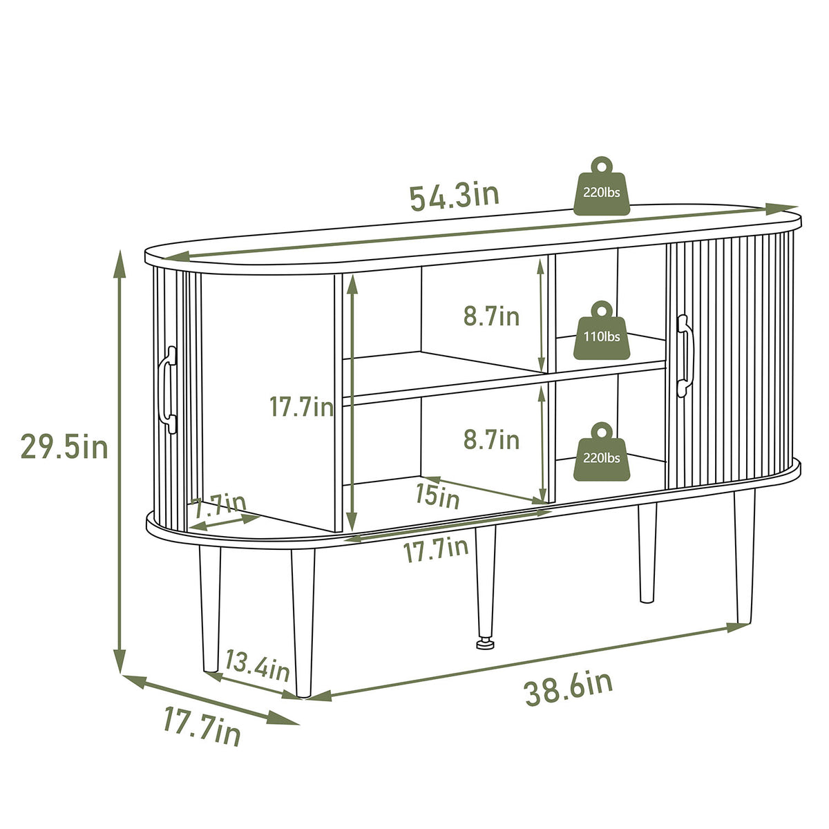 Veikous 54.3" Tambour Sideboard, Modern Buffet Cabinet with Sliding Doors, Console Cabinet for Bedroom Hallway Entryway
