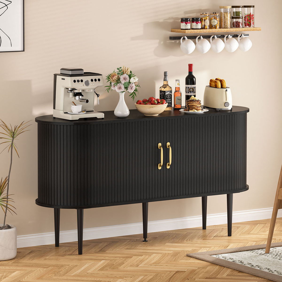 Veikous 54.3" Tambour Sideboard, Modern Buffet Cabinet with Sliding Doors, Console Cabinet for Bedroom Hallway Entryway
