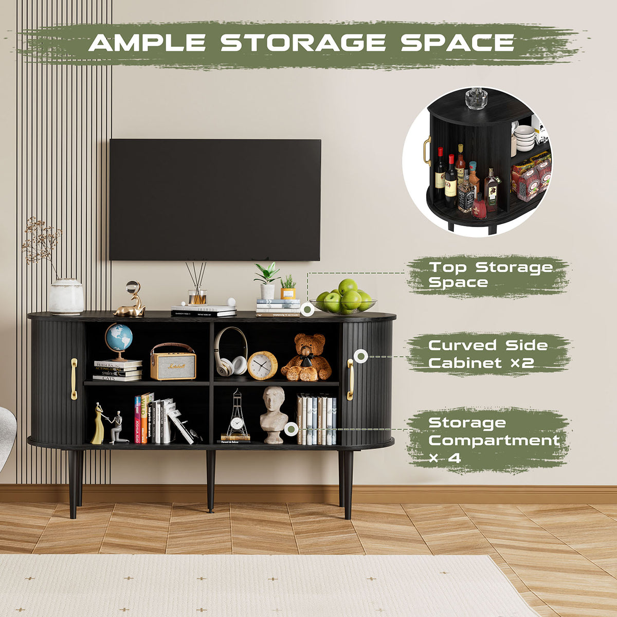 Veikous 54.3" Tambour Sideboard, Modern Buffet Cabinet with Sliding Doors, Console Cabinet for Bedroom Hallway Entryway