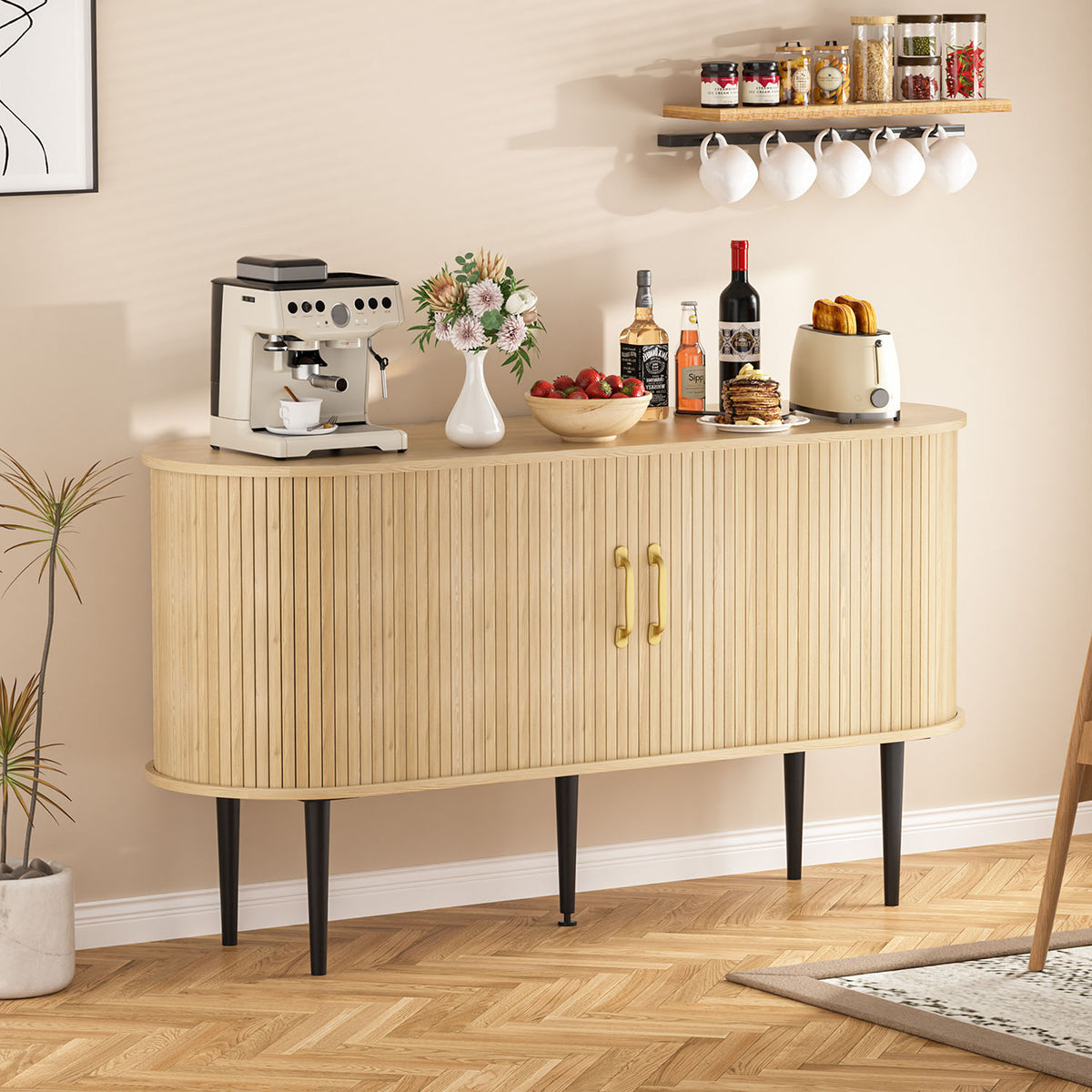Veikous 54.3" Tambour Sideboard, Modern Buffet Cabinet with Sliding Doors, Console Cabinet for Bedroom Hallway Entryway