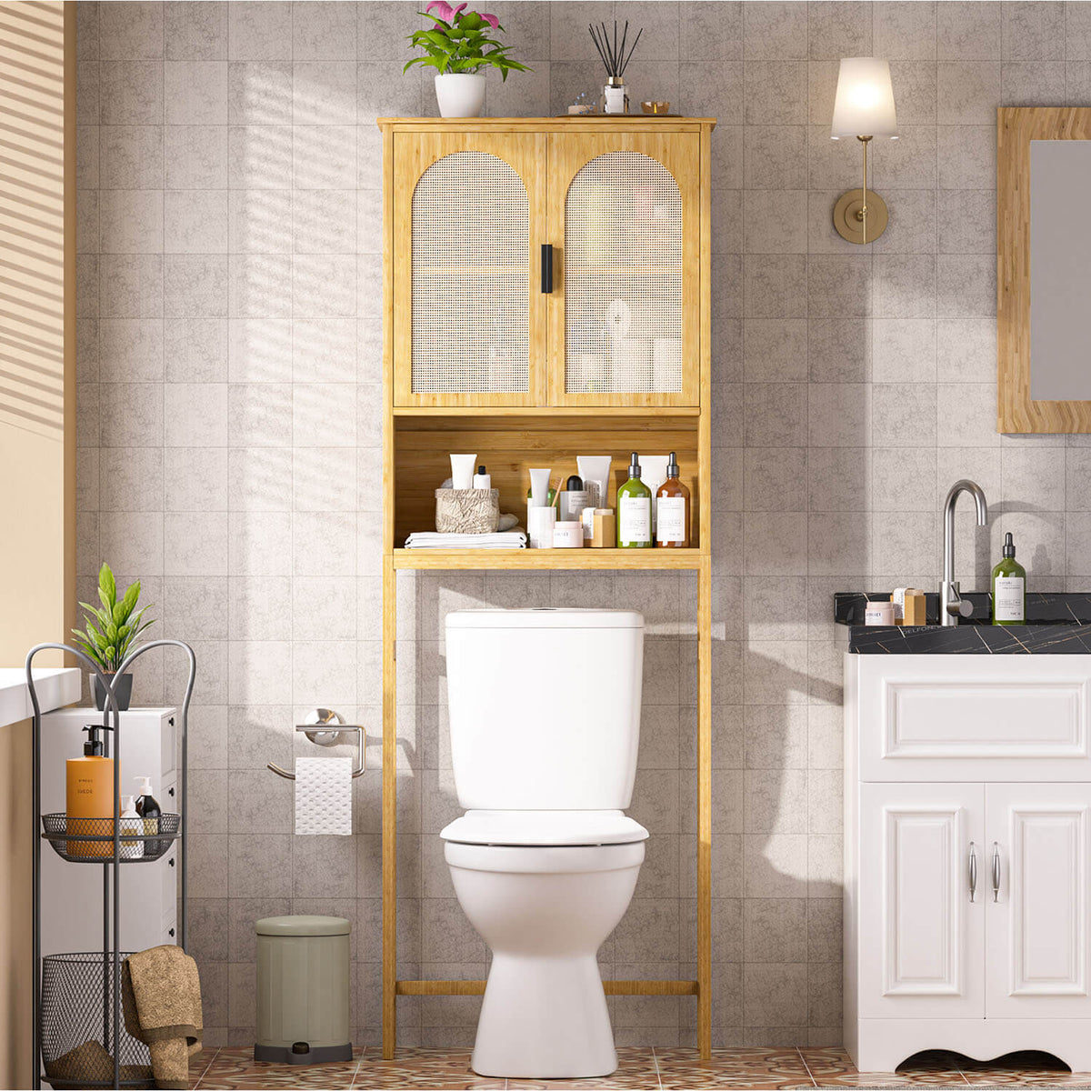 Rattan Over the Toilet Storage Cabinet