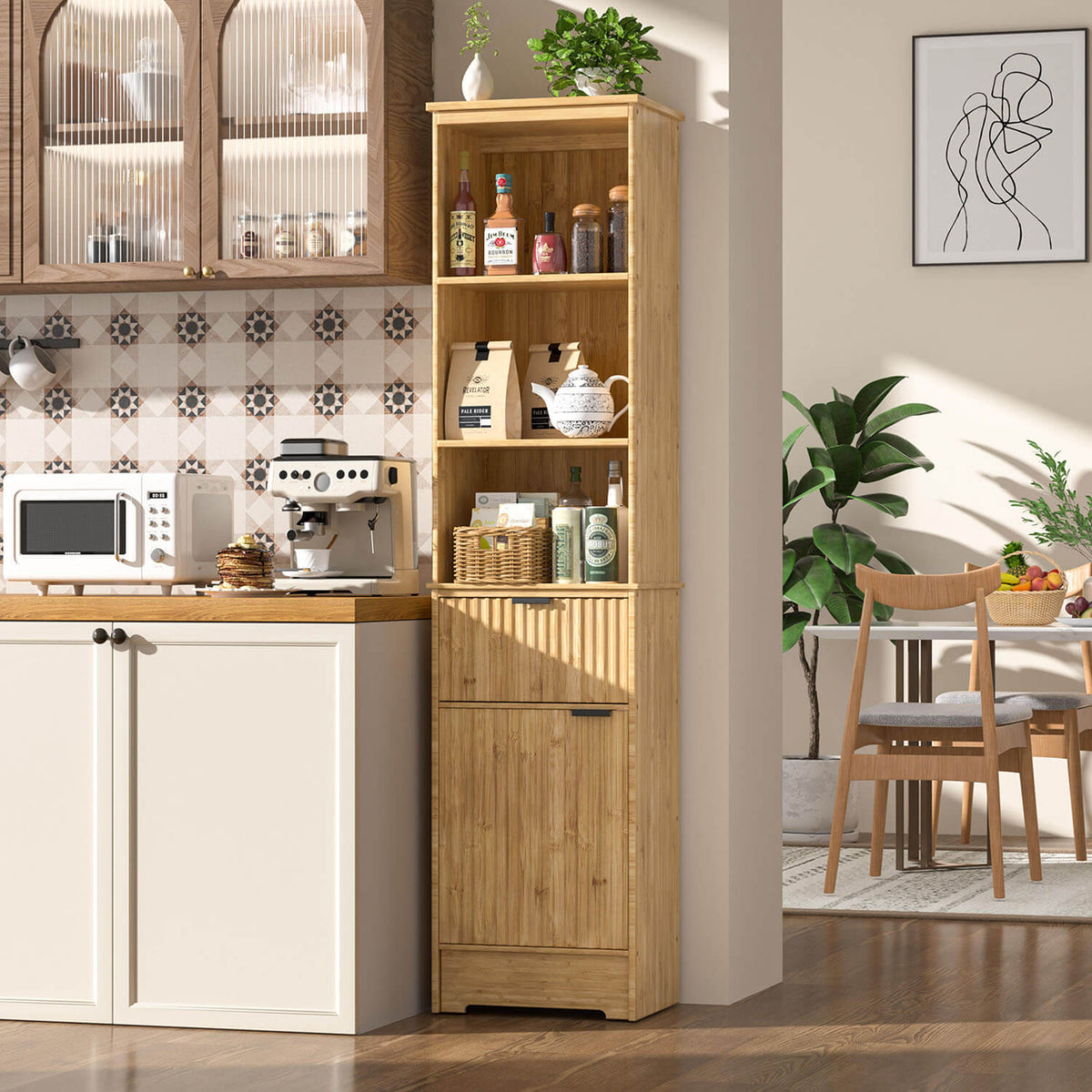 slim storage cabinet with three open shelves