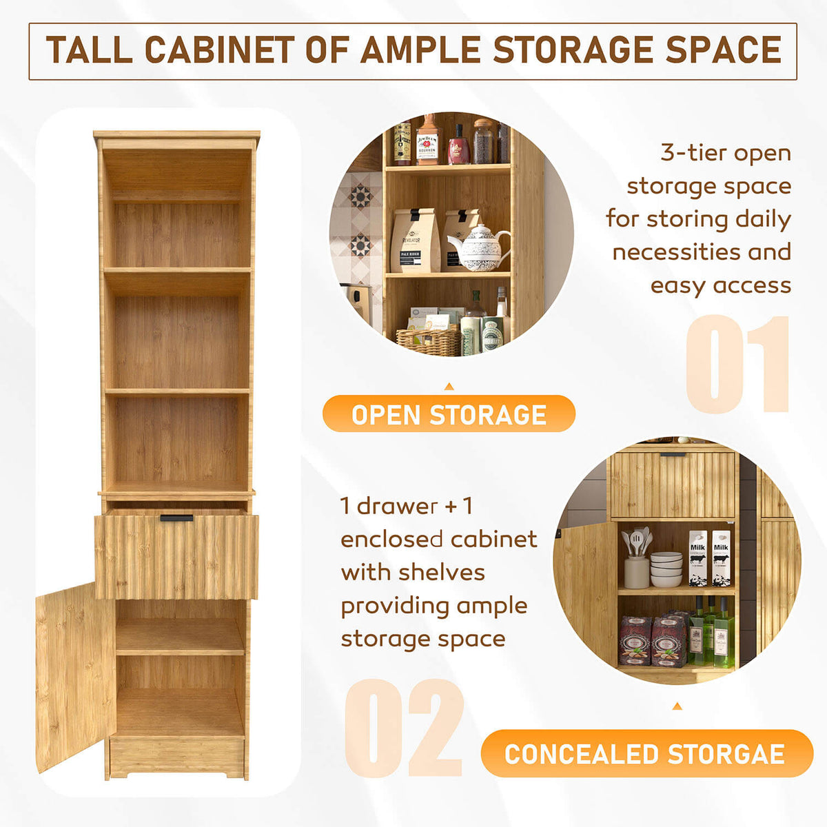 slim storage cabinet with open shelves, a drawer