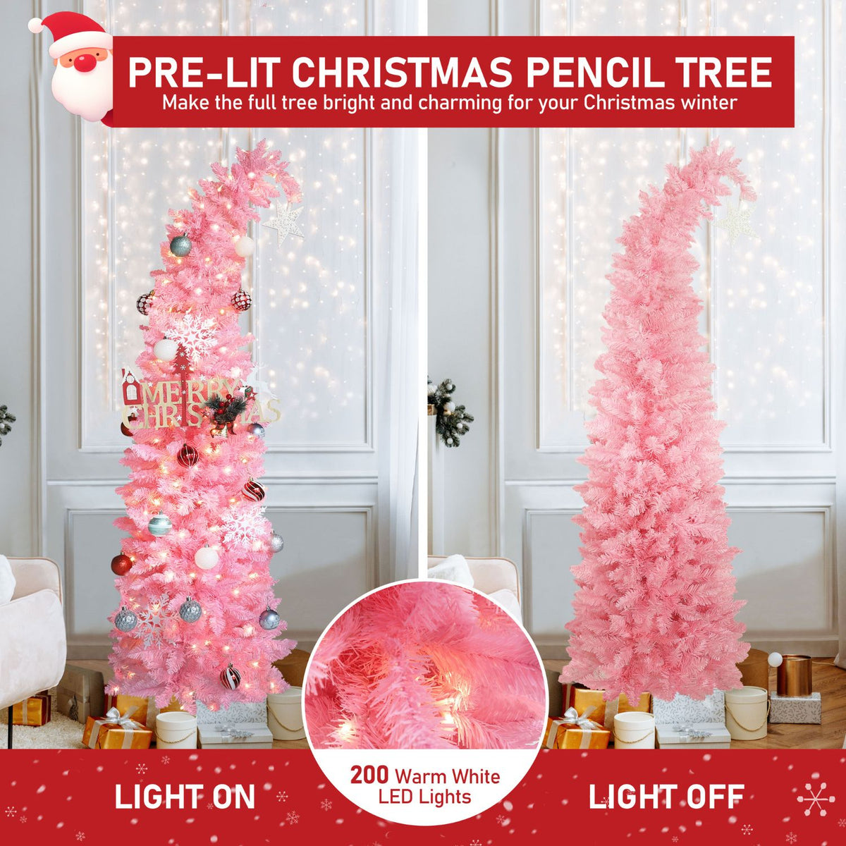 6FT Pencil Christmas Tree, Pre-Lit Artificial Pink Tree