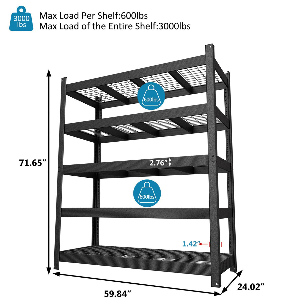 Metal Storage Rack with 600lbs Load Capacity Per Tier