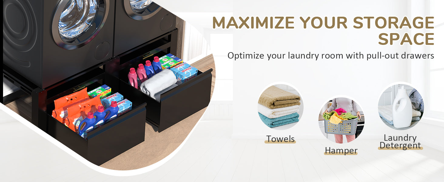 The washer pedestal optimizes your laundry room with pull-out drawers