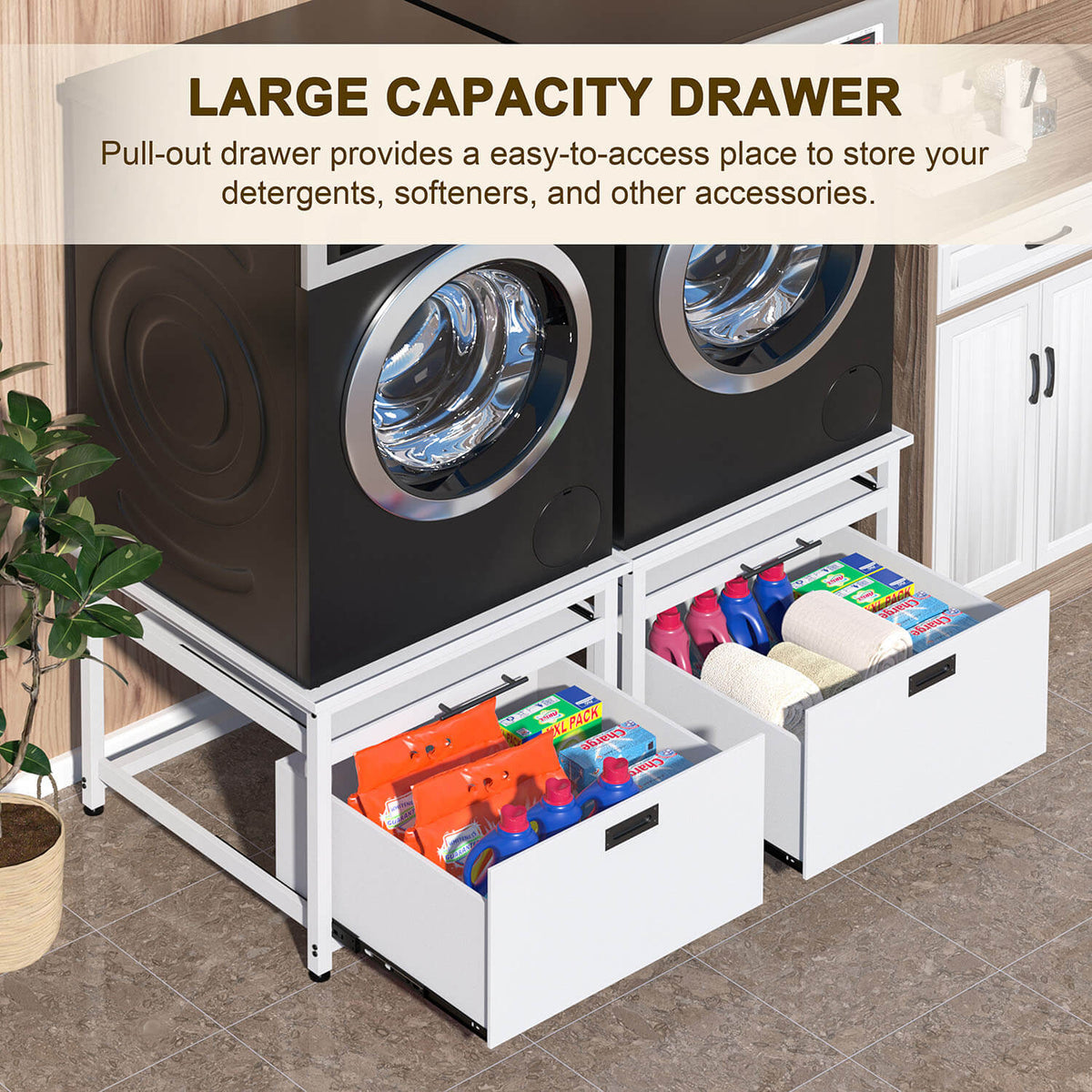 The washer stand pull-out drawer for easy storage of laundry supplies