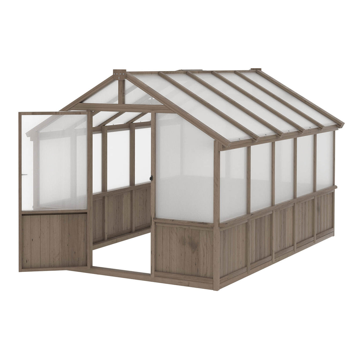 Wooden greenhouse with multi-layer polycarbonate panels