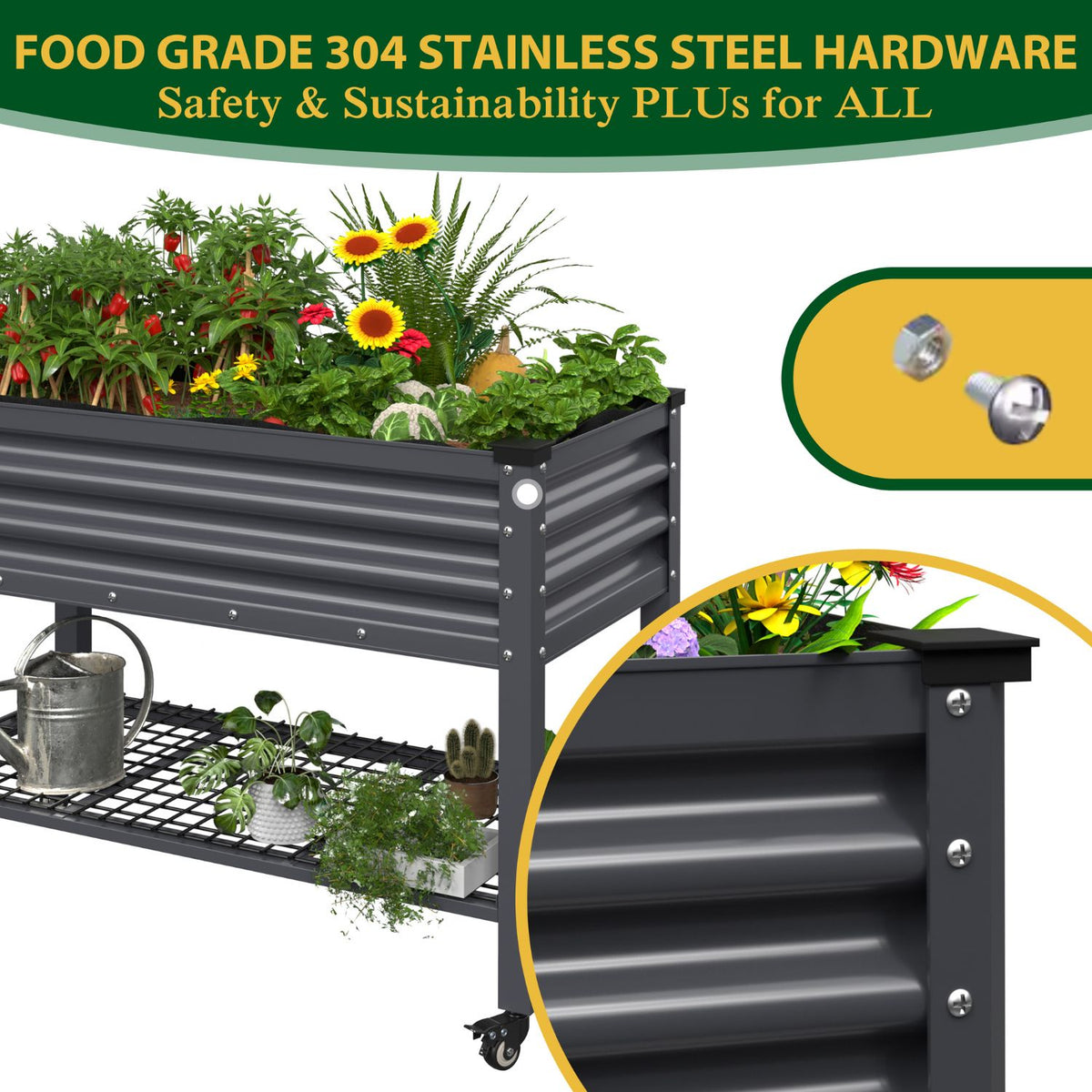 Mobile Garden Bed with Food Grade 304 Stainless Steel Hardware