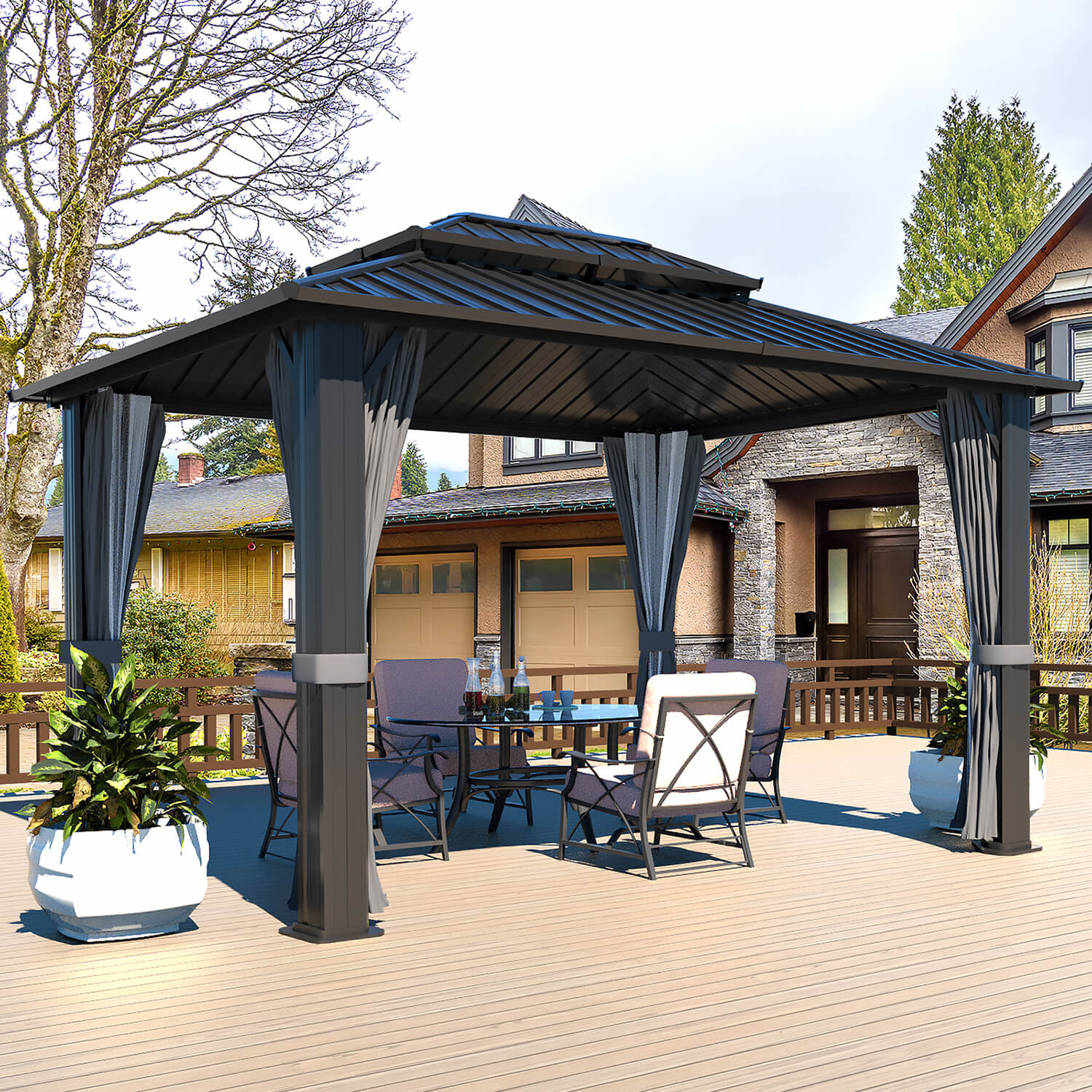VEIKOUS Gazebo 10x12, Patio Gazebo with Netting and Curtains, Hardtop ...
