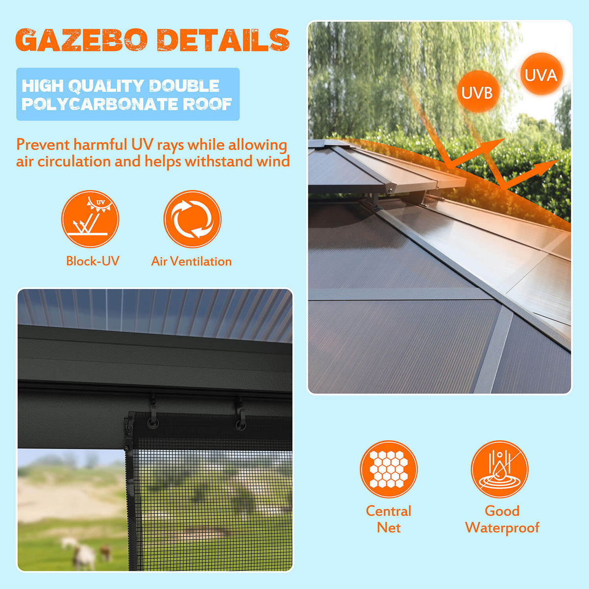 VEIKOUS Aluminum Gazebo with Polycarbonate Roof and Netting