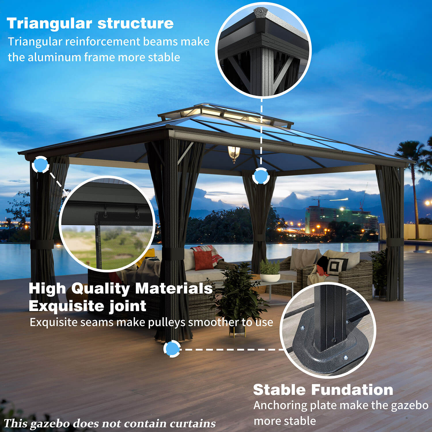 VEIKOUS Aluminum Gazebo with Polycarbonate Roof and Netting