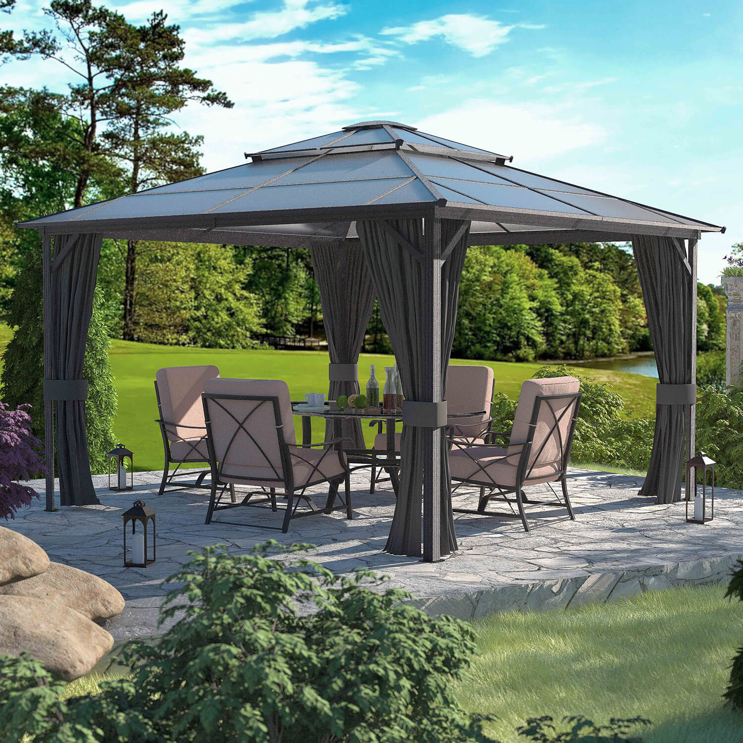 VEIKOUS Aluminum Gazebo with Polycarbonate Roof, Netting and Curtain ...