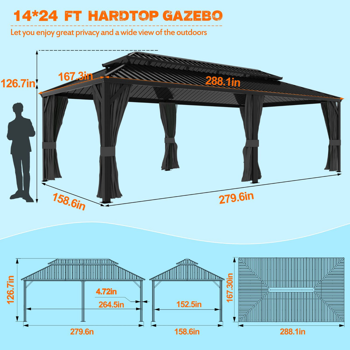 black rectangle gazebo with hardtop steel roof