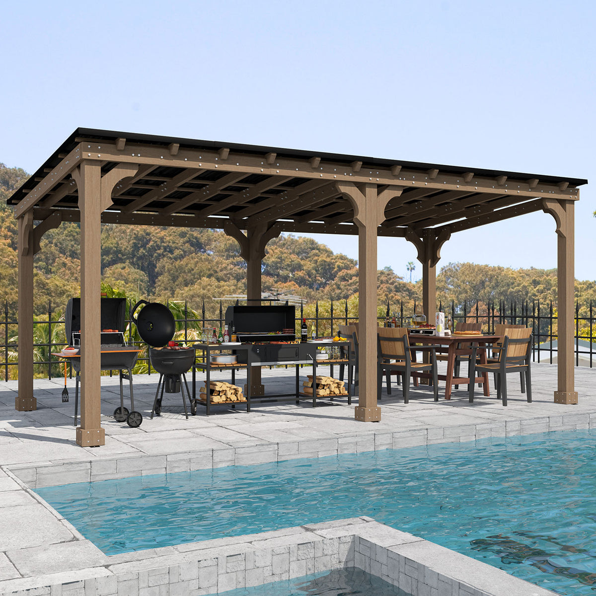 Hardtop Wooden Grill Gazebo with Sloping Metal Roof for BBQ – Veikous