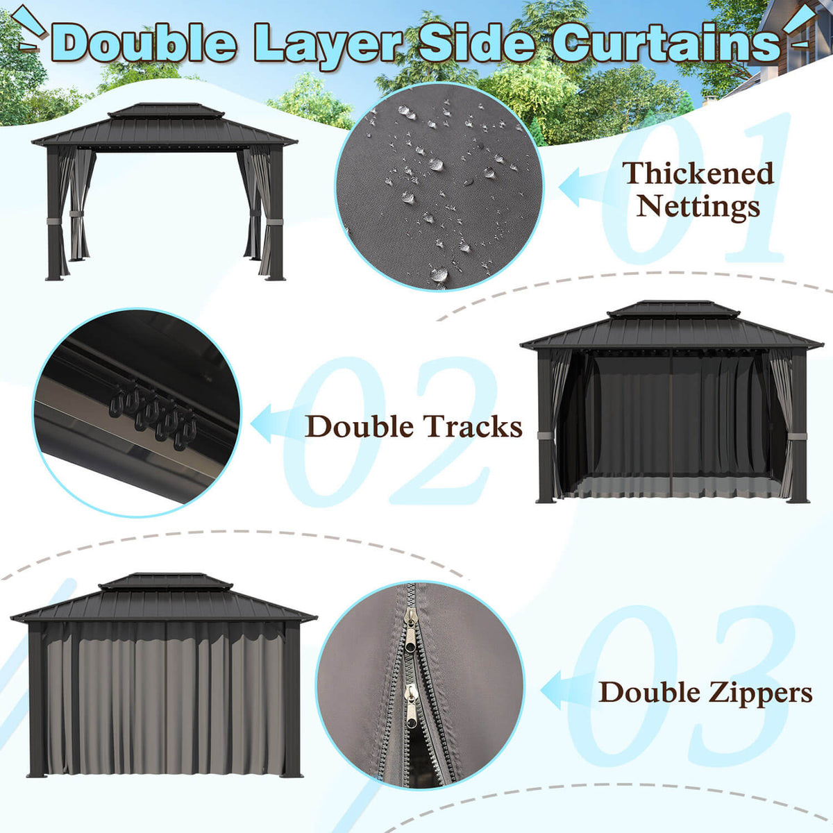 VEIKOUS Gazebo 10x12, Patio Gazebo with Curtains and Netting, Galvanized Steel Hardtop