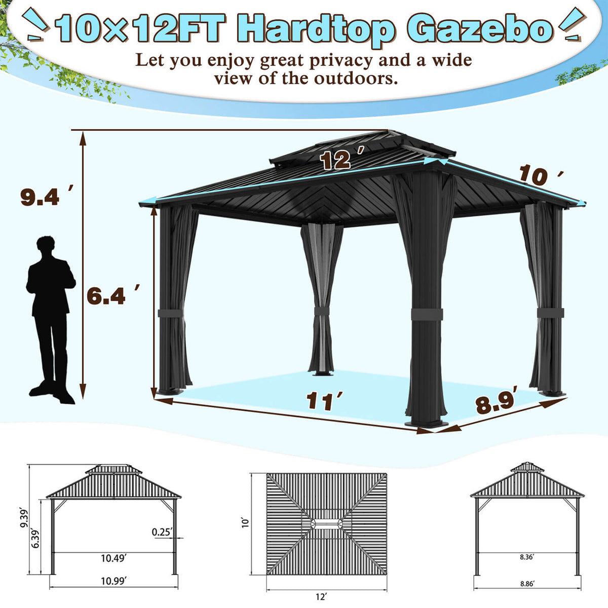 VEIKOUS Gazebo 10x12, Patio Gazebo with Netting and Curtains, Aluminum Hardtop