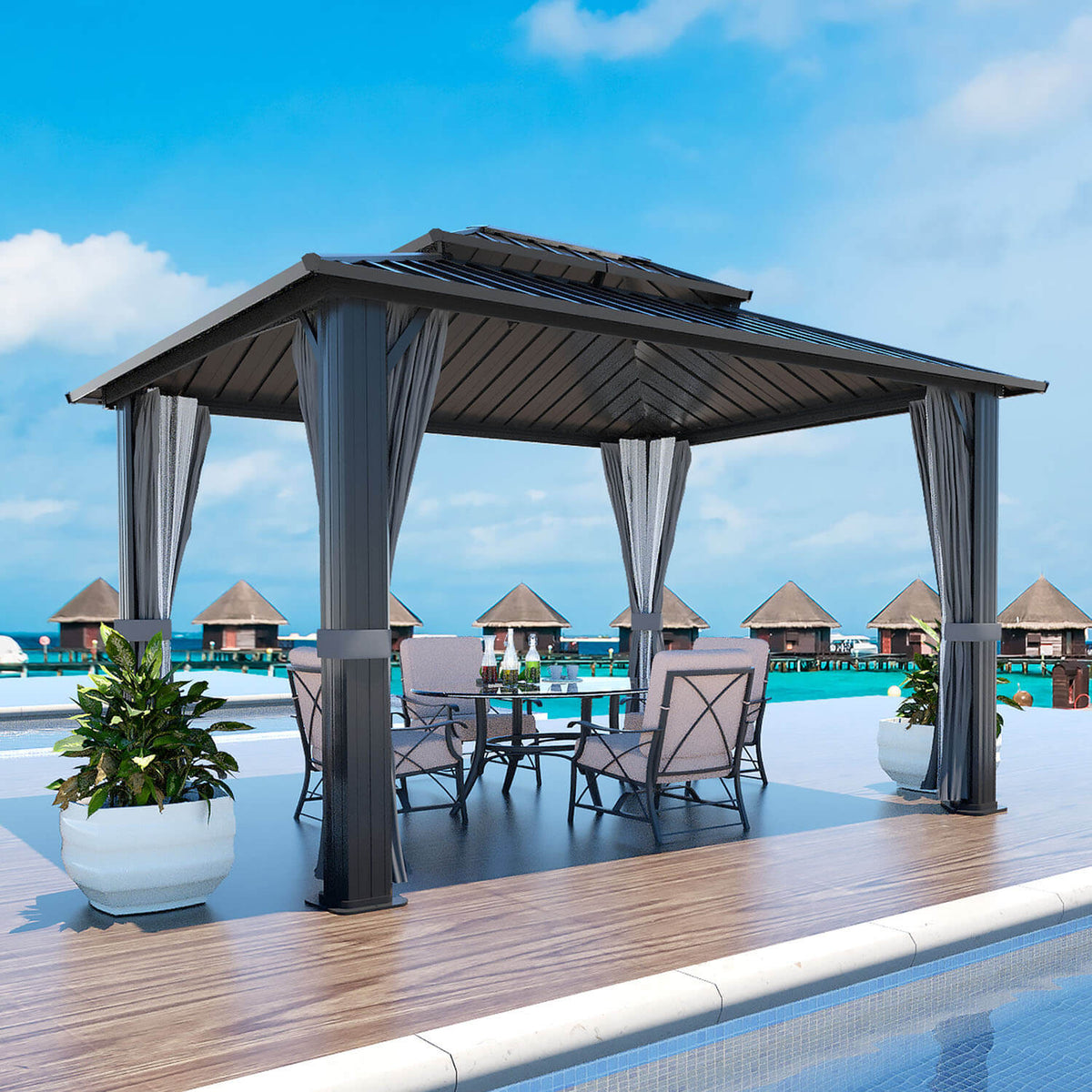 VEIKOUS Gazebo 10x12, Patio Gazebo with Netting and Curtains, Aluminum Hardtop