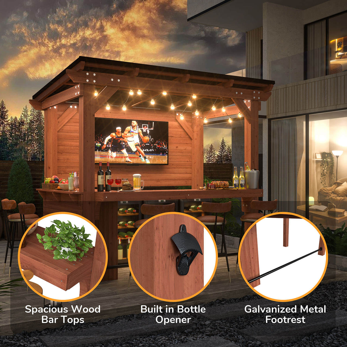 Outdoor Bar Gazebo with Wood Table and Metal Footrest – Veikous