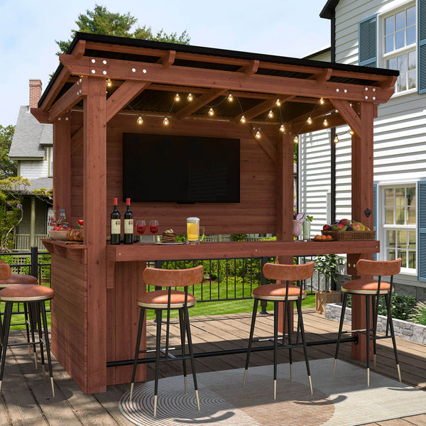 Veikous Outdoor Bar Gazebo, Wood Entertainment Bar with Roof, Table, Metal Footrest and TV Mount