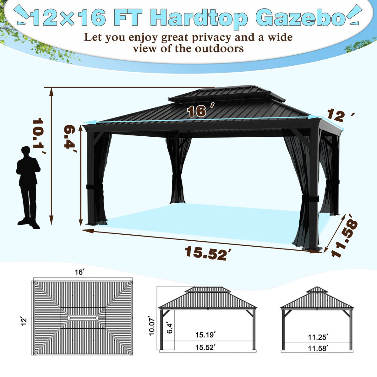 Aluminum Hardtop Outdoor Gazebo, 12x16ft