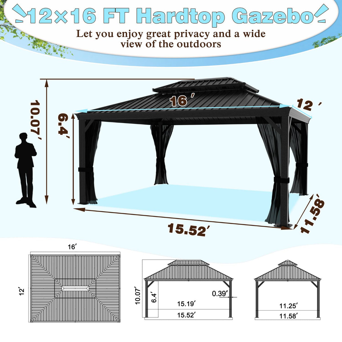Aluminum Hardtop Outdoor Gazebo, 12x16ft