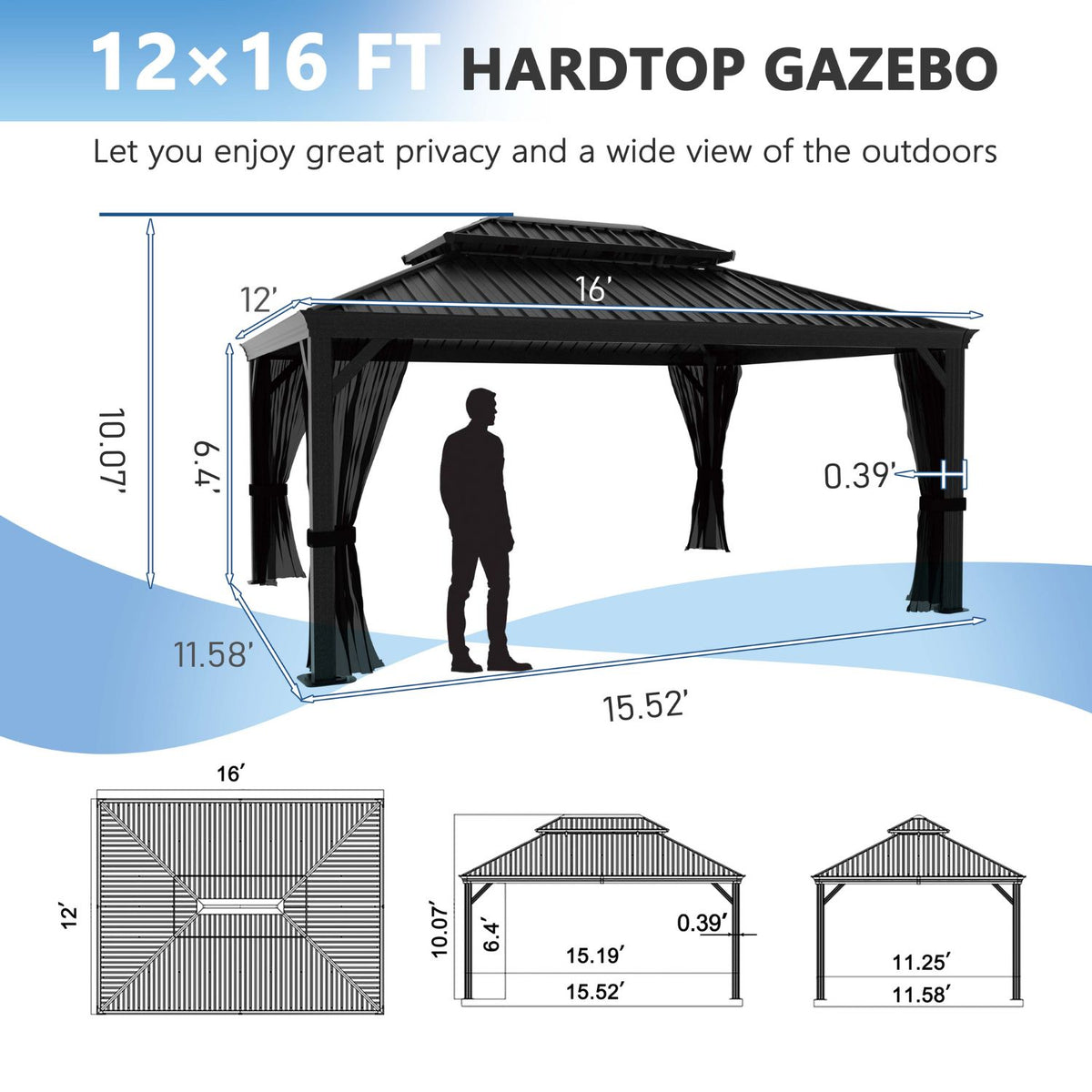 Aluminum Hardtop Outdoor Gazebo, 12x16ft
