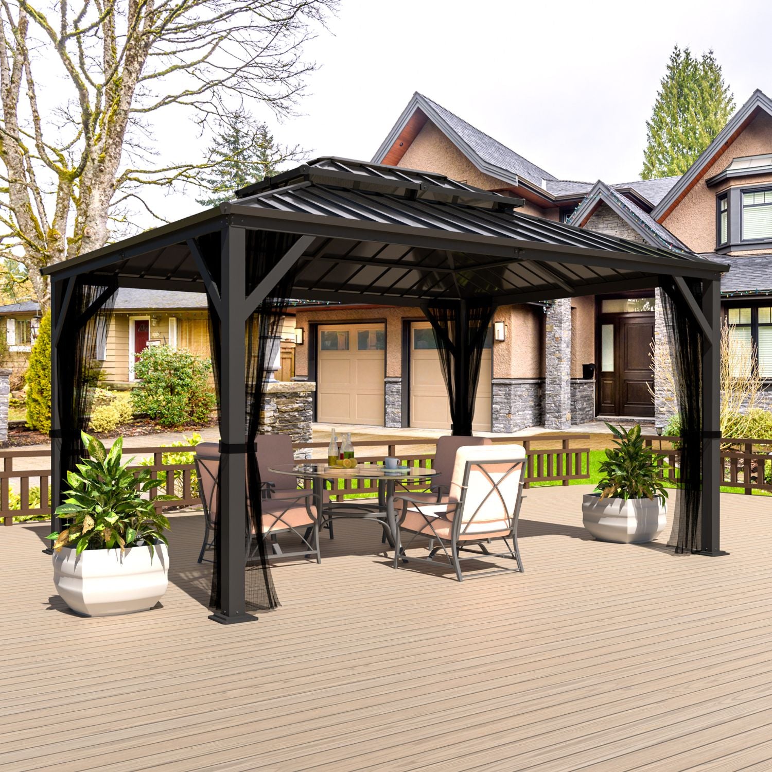 10x12 Metal Hardtop Gazebo with Polyester Mesh – Veikous