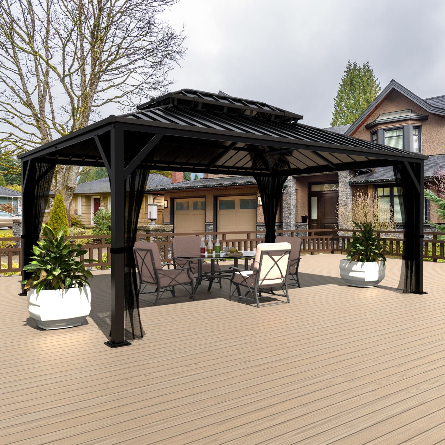 12x16 Hardtop Gazebo, Double Roof for Patio, Backyard, Black – Veikous