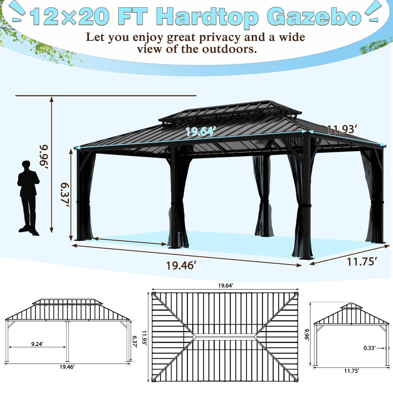 12x16 Hardtop Gazebo, Double Roof for Patio, Backyard, Black – Veikous