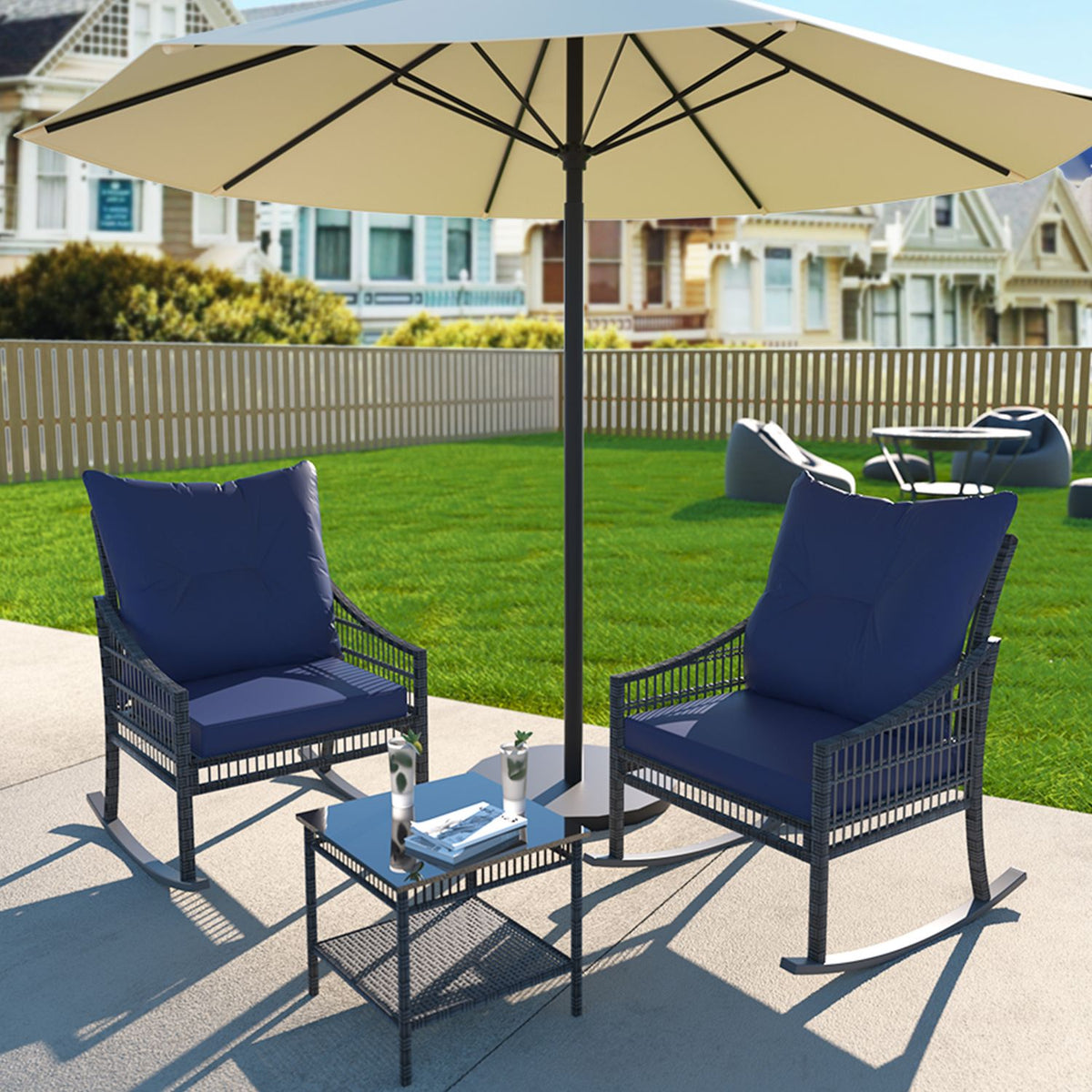 Rattan Rocking Chairs Set, Blue 