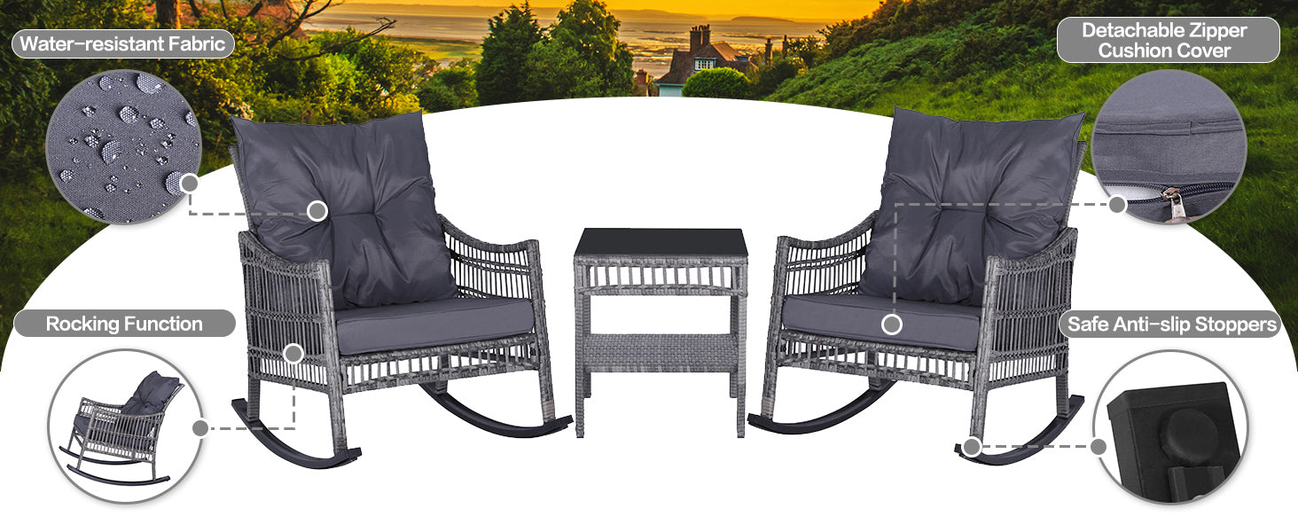 3 piece wicker rocking chairs with cushions