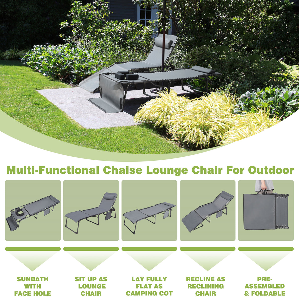 4 Foldable Chaise Lounge Chair For Pool, Gray