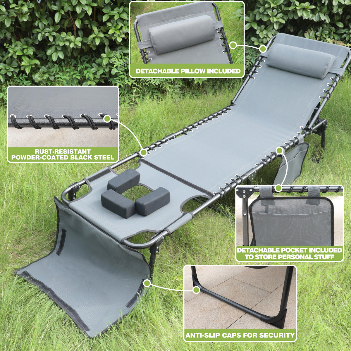 4-Fold Sun Recliner for Pool, Beach, Gray
