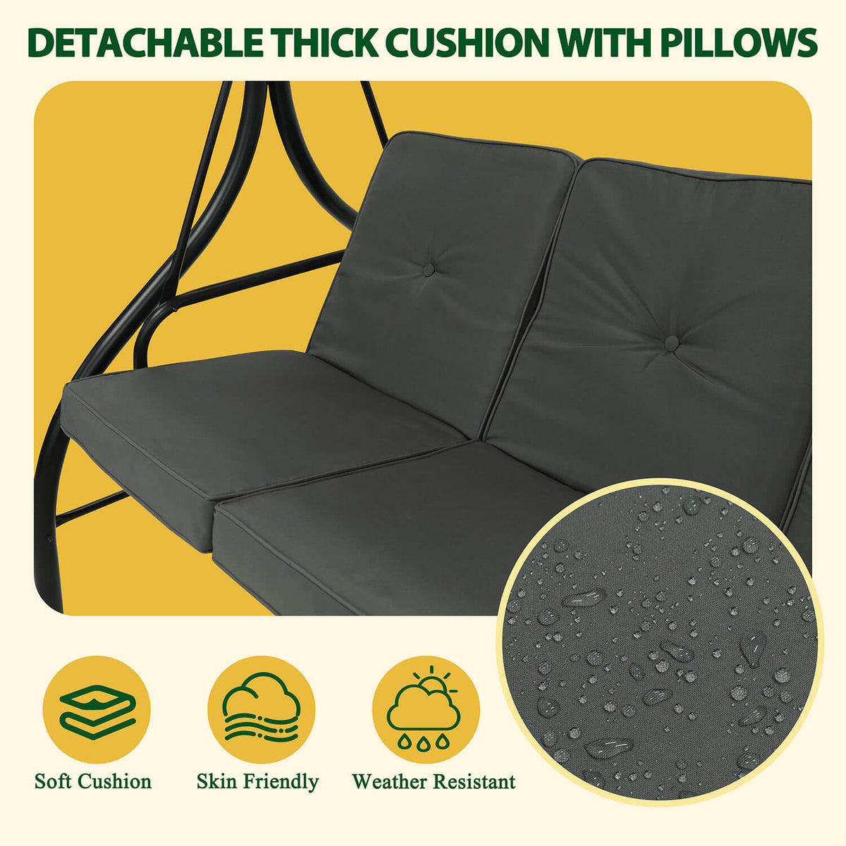 Swing bech with detachable thick cushion & pillows