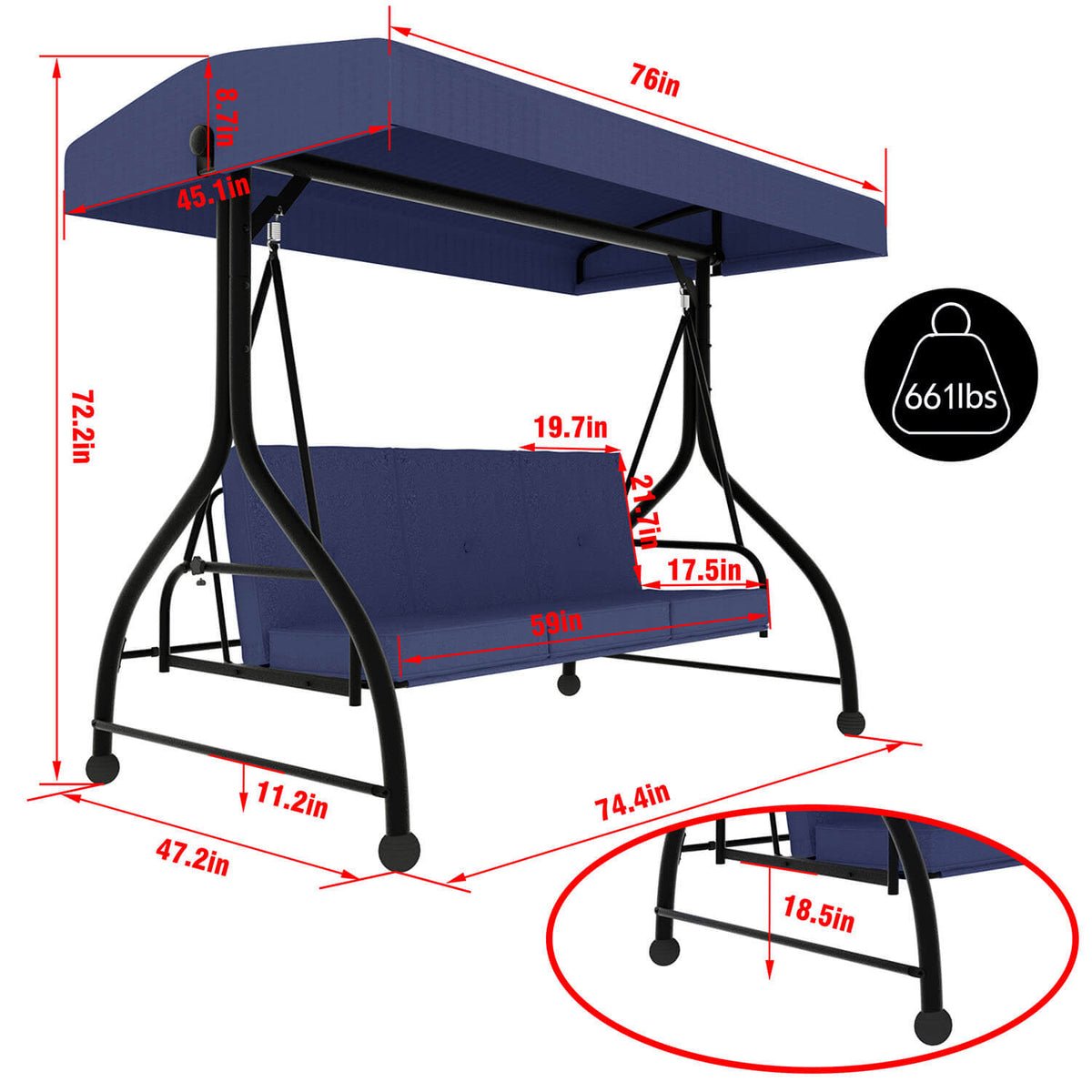 VEIKOUS 3 Person Patio Swing, Porch Swing Chair, Outdoor Canopy Swing with Stand and Cushions