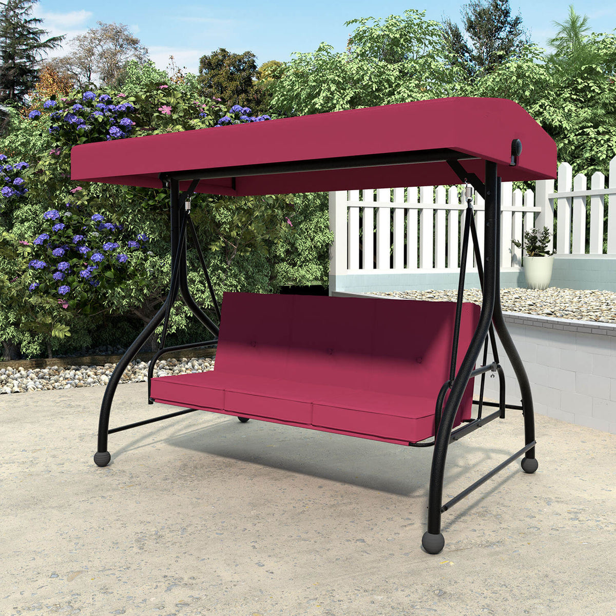 VEIKOUS 3 Person Patio Swing, Porch Swing Chair, Outdoor Canopy Swing with Stand and Cushions