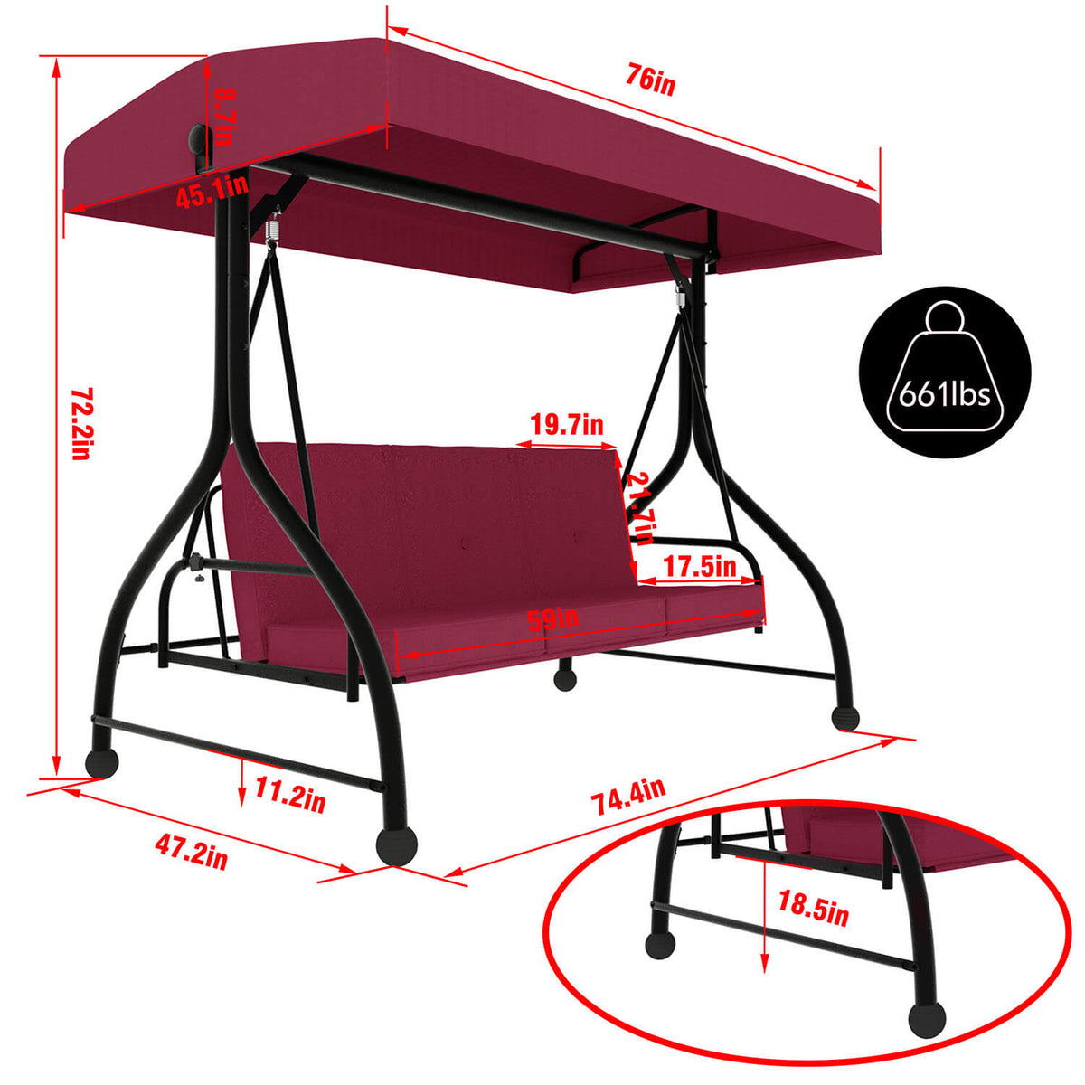 VEIKOUS 3 Person Patio Swing, Porch Swing Chair, Outdoor Canopy Swing with Stand and Cushions