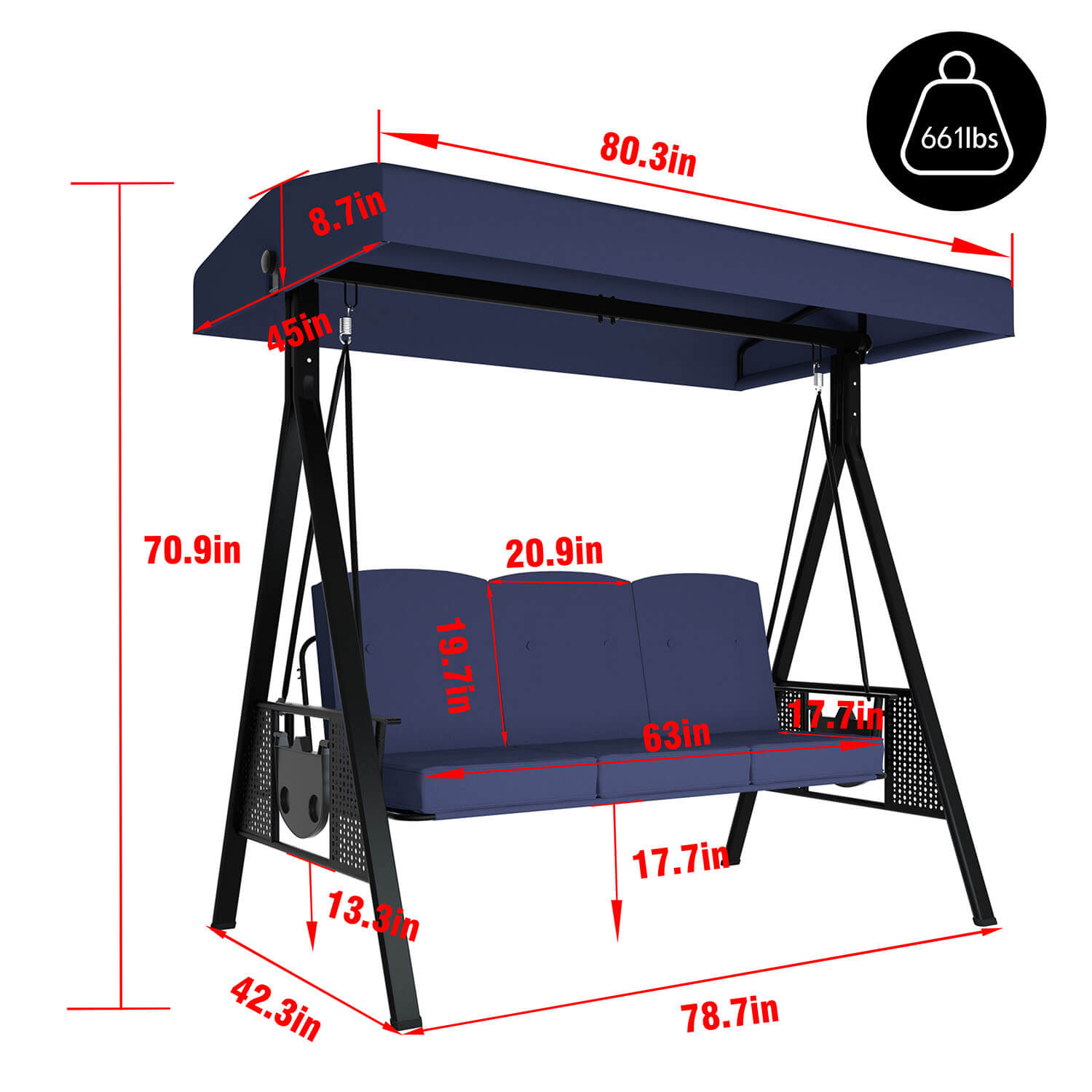 Patio Swing Chair with Canopy, 3-person Swing Seat for
