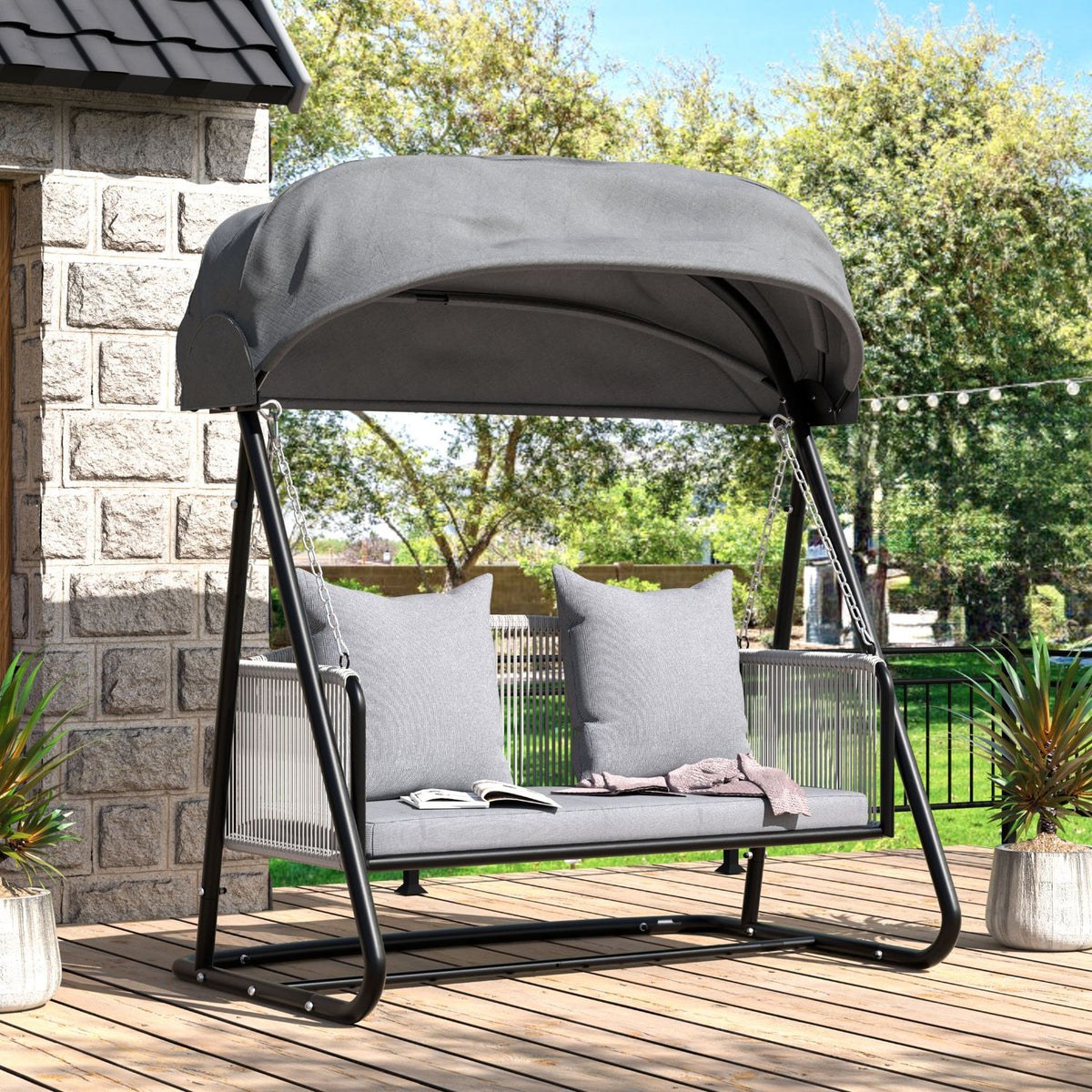 outdoor seating with 2 pillows