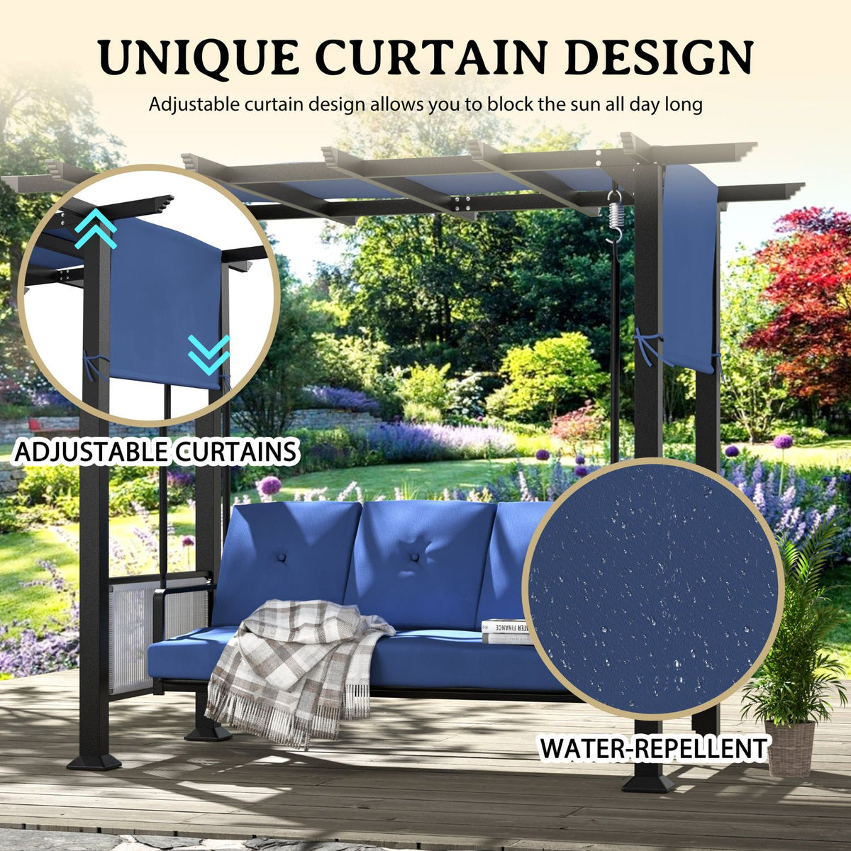 3-Person Outdoor Swing Bed with Adjustable Curtains, Water-Resistant